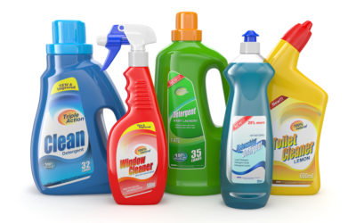 Plastic detergent bottles on white background. Cleaning products. 3d